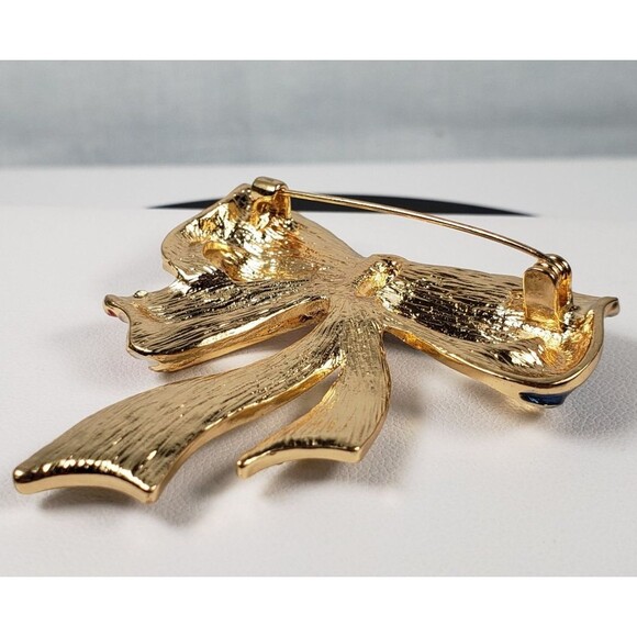 Red White & Blue Enamel Striped Gold Bow Rhinestones and Gold Stars Brooch - Picture 15 of 16